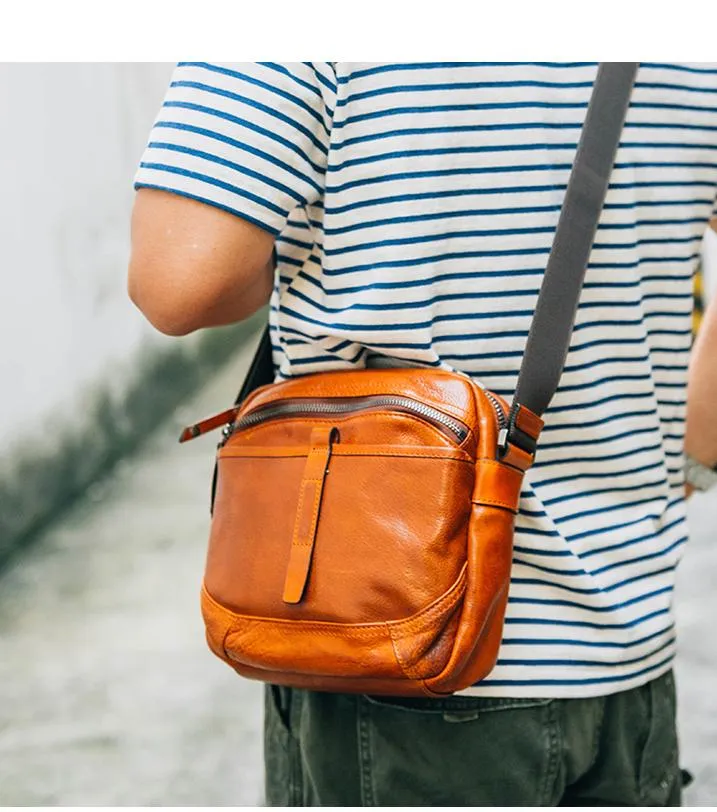 Cool Black Leather Men Small Square Side Bags Tan Fashion Messenger Bag Postman Bag For Men