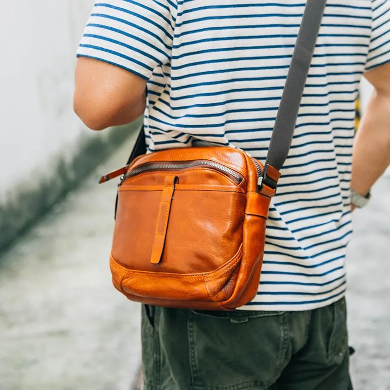 Cool Black Leather Men Small Square Side Bags Tan Fashion Messenger Bag Postman Bag For Men
