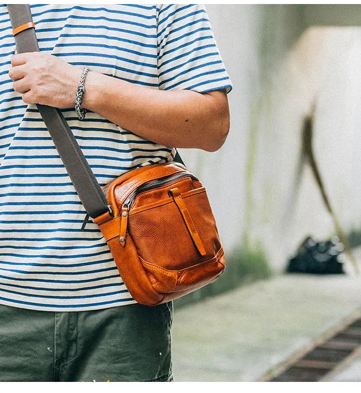 Cool Black Leather Men Small Square Side Bags Tan Fashion Messenger Bag Postman Bag For Men