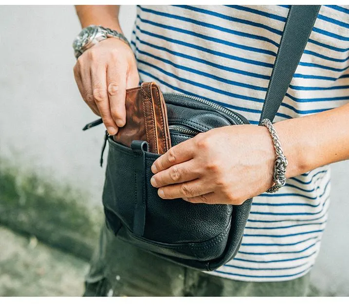 Cool Black Leather Men Small Square Side Bags Tan Fashion Messenger Bag Postman Bag For Men