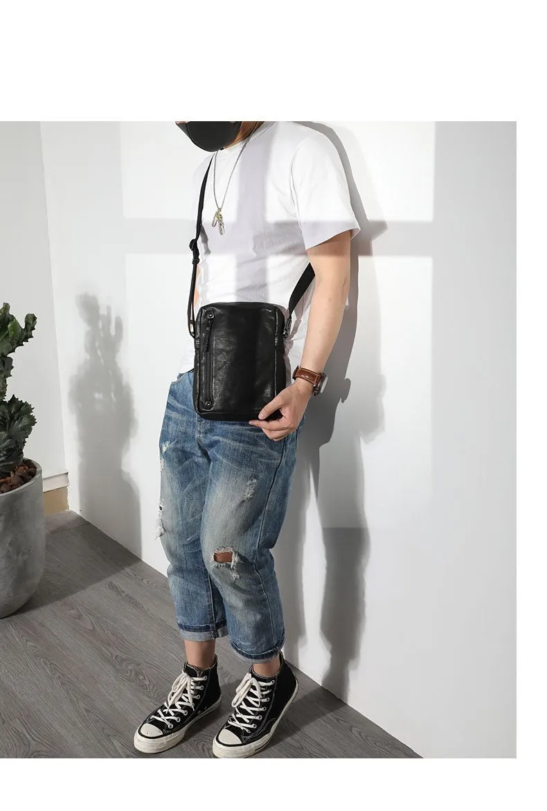 Cool Black LEATHER MEN'S 8 INCHES Small Side BAGs Vertical Coffee MESSENGER BAGs Courier BAG FOR MEN