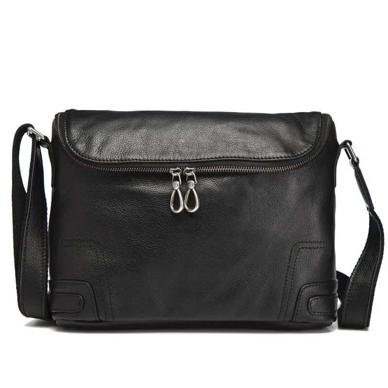 Cool Black Leather Men's Messenger Bag Black Side Bag Courier Bag For Men