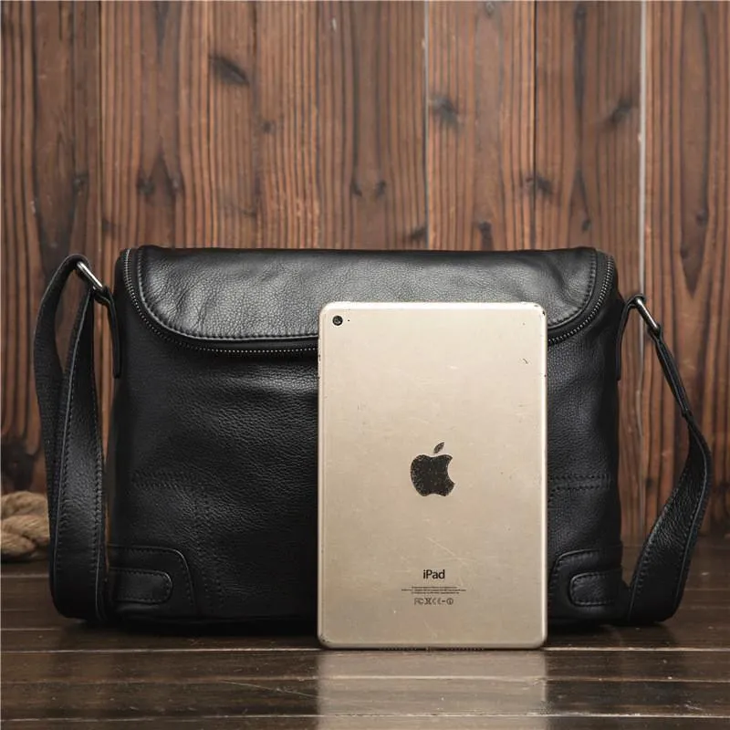 Cool Black Leather Men's Messenger Bag Black Side Bag Courier Bag For Men