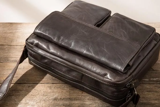 Cool Black Leather Mens Messenger Bag Vintage Shoulder Bag for Men
