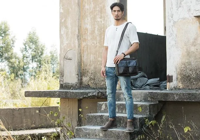 Cool Black Leather Mens Messenger Bag Vintage Shoulder Bag for Men