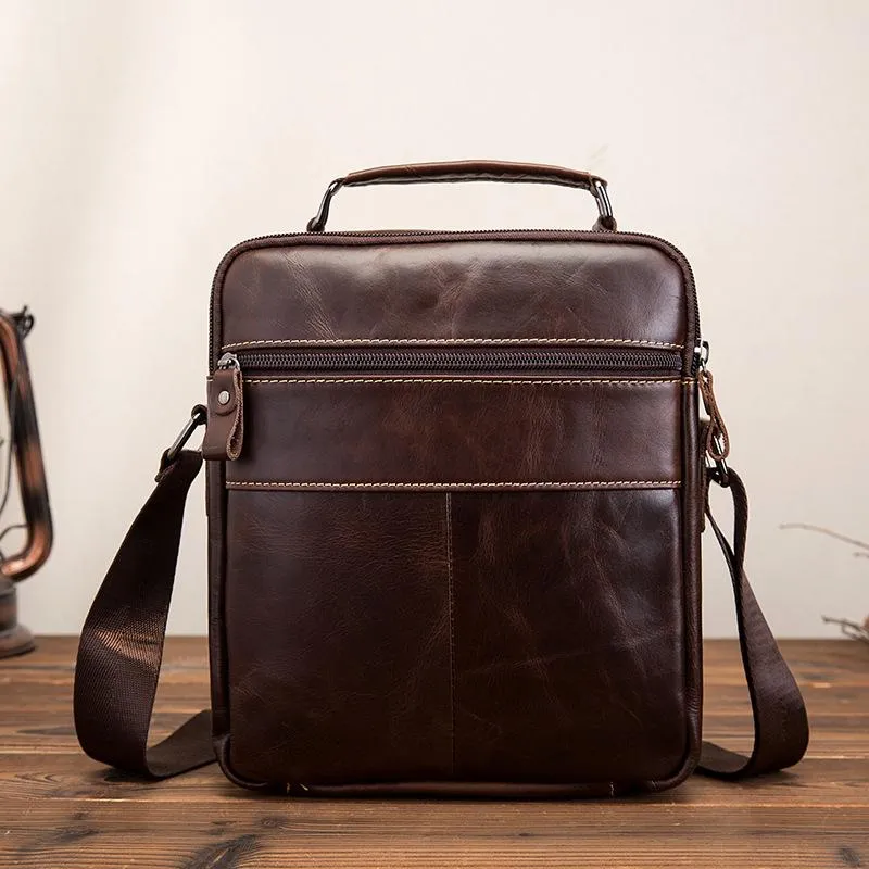 Cool Brown Leather Men's Small Vertical Messenger Bag Brown Small Side Bag For Men