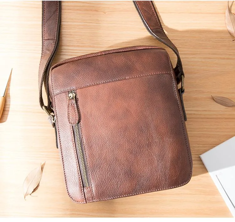 Cool Brown Leather Mens Vertical Side Bag Postman Bag Small Messenger Bags Courier Bag for Men