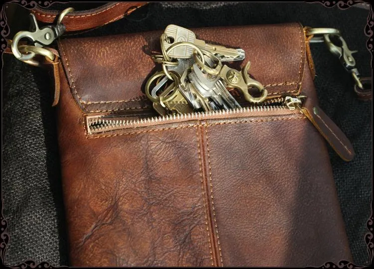 Cool Brown Leather Mens Vertical Side Bag Small Messenger Bag Courier Bag For Men