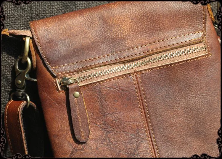 Cool Brown Leather Mens Vertical Side Bag Small Messenger Bag Courier Bag For Men
