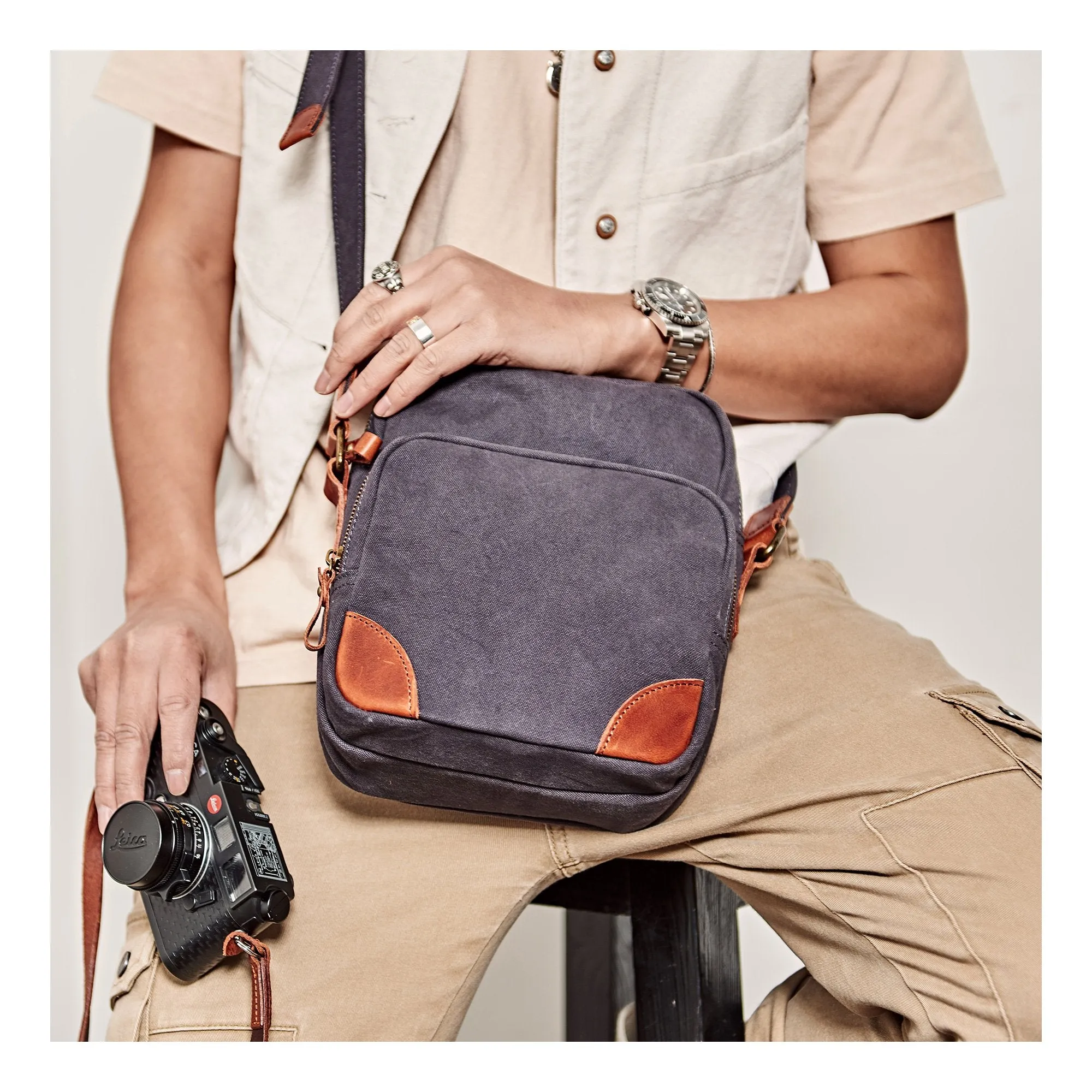 Cool Leahter Canvas Mens Side Bag Coffee Vertical Messenger Bags Courier Bag for Men