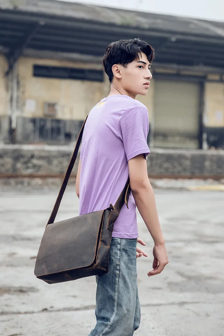 Cool Leather Coffee Mens Side Bag Messenger Bags Vintage Courier Bag for Men