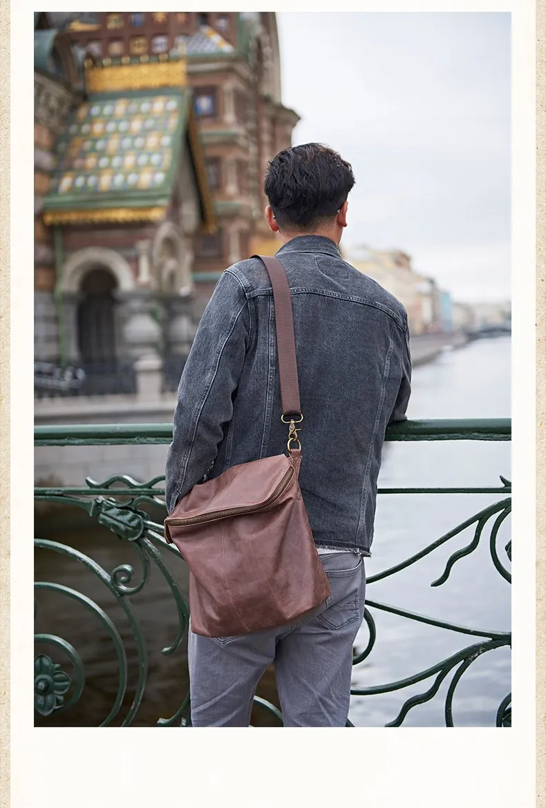 Cool Leather Mens Messenger Bag Square Brown Leather Courier Bags Postman Bags for Men