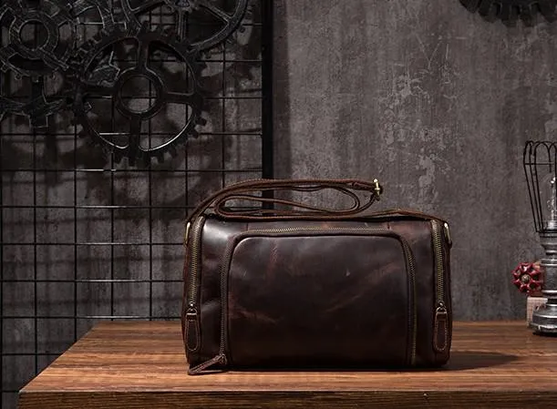 Cool Leather Small Mens Barrel Side Bag Bucket Shoulder Bag Messenger Bag for Men