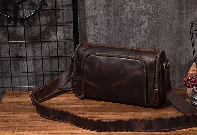 Cool Leather Small Mens Barrel Side Bag Bucket Shoulder Bag Messenger Bag for Men