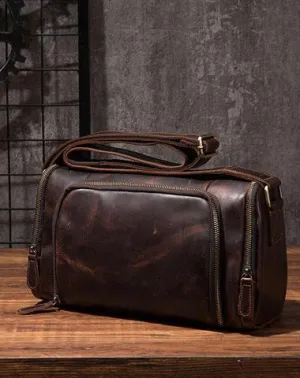 Cool Leather Small Mens Barrel Side Bag Bucket Shoulder Bag Messenger Bag for Men