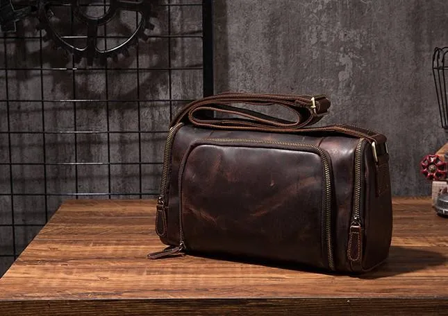 Cool Leather Small Mens Barrel Side Bag Bucket Shoulder Bag Messenger Bag for Men