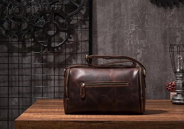 Cool Leather Small Mens Barrel Side Bag Bucket Shoulder Bag Messenger Bag for Men