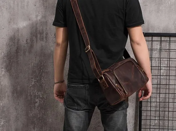Cool Leather Small Mens Barrel Side Bag Bucket Shoulder Bag Messenger Bag for Men