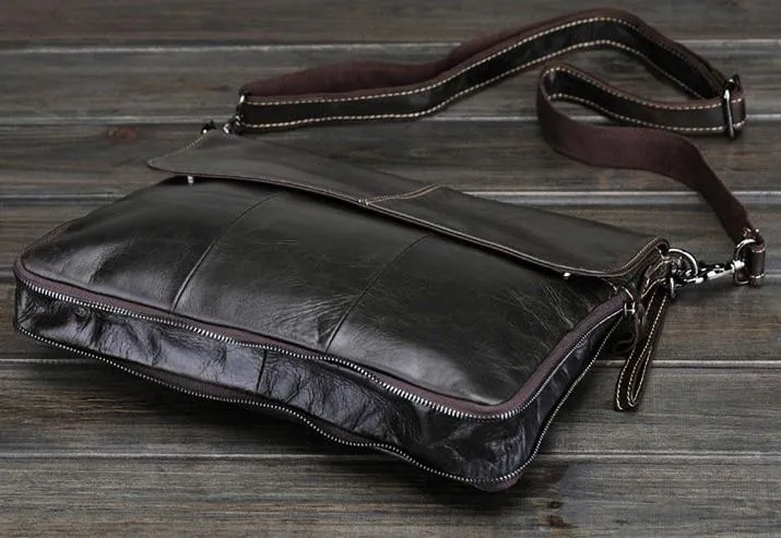 Cool Small Black Leather Mens Messenger Bag Shoulder Bag for Men