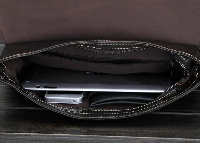 Cool Small Black Leather Mens Messenger Bag Shoulder Bag for Men