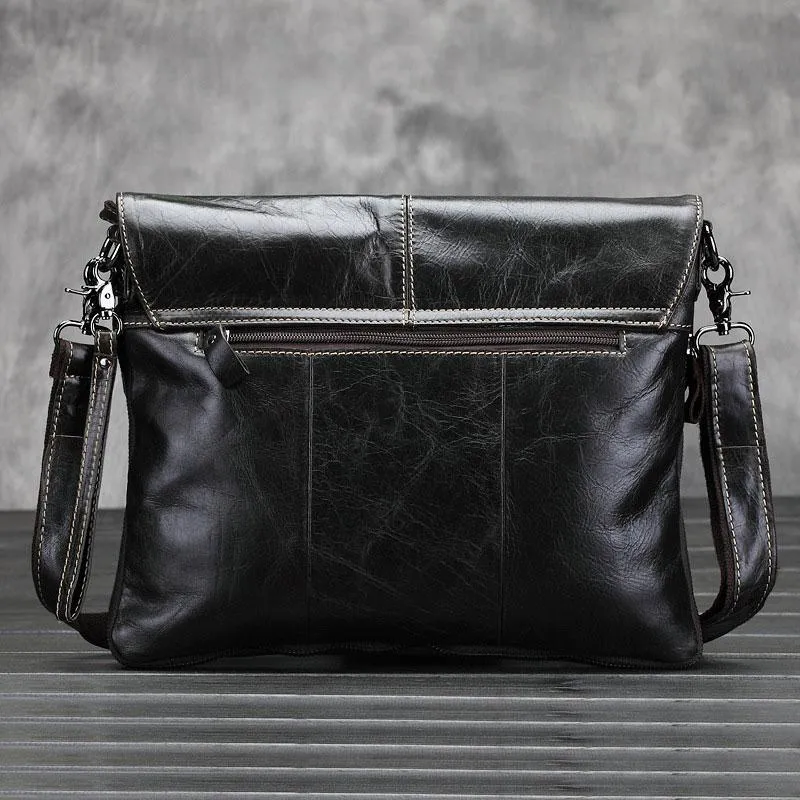 Cool Small Black Leather Mens Messenger Bag Shoulder Bag for Men