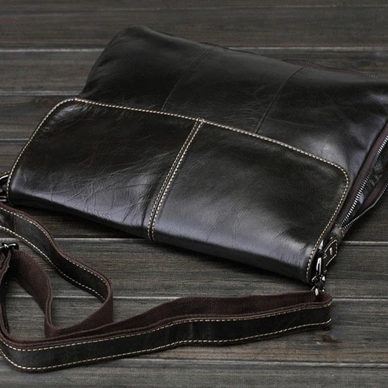 Cool Small Black Leather Mens Messenger Bag Shoulder Bag for Men