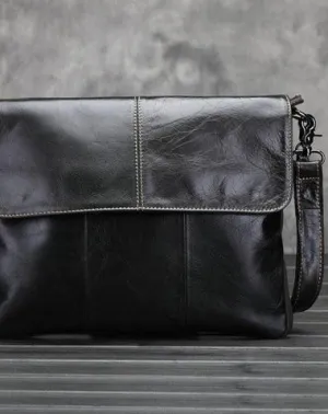 Cool Small Black Leather Mens Messenger Bag Shoulder Bag for Men