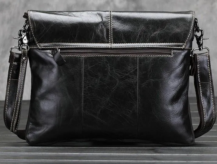 Cool Small Black Leather Mens Messenger Bag Shoulder Bag for Men