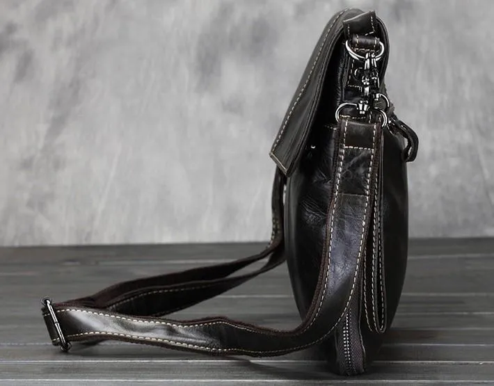 Cool Small Black Leather Mens Messenger Bag Shoulder Bag for Men