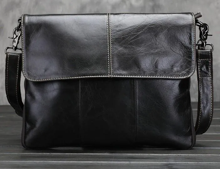 Cool Small Black Leather Mens Messenger Bag Shoulder Bag for Men