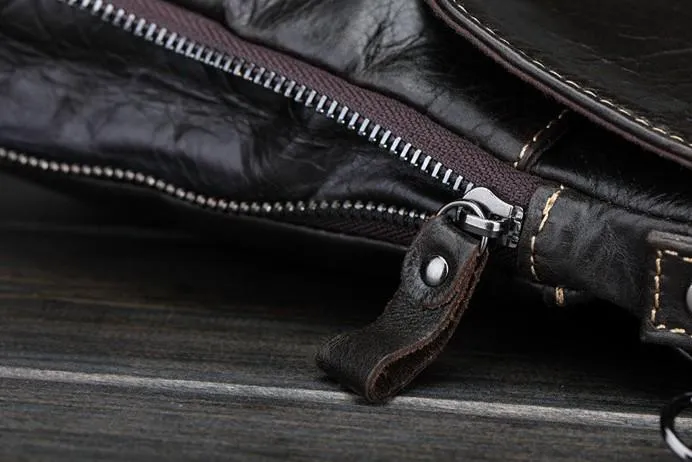 Cool Small Black Leather Mens Messenger Bag Shoulder Bag for Men