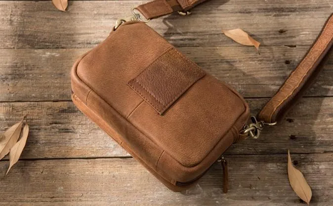 Cool Small Mens Leather Camel Bag Messenger Bags Shoulder Bags  for Men