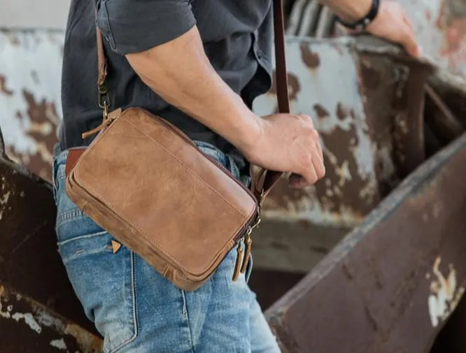 Cool Small Mens Leather Camel Bag Messenger Bags Shoulder Bags  for Men
