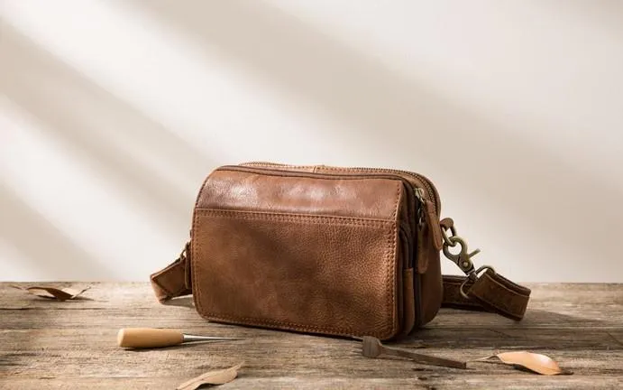 Cool Small Mens Leather Camel Bag Messenger Bags Shoulder Bags  for Men