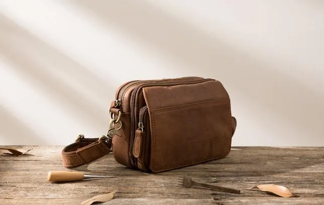 Cool Small Mens Leather Camel Bag Messenger Bags Shoulder Bags  for Men