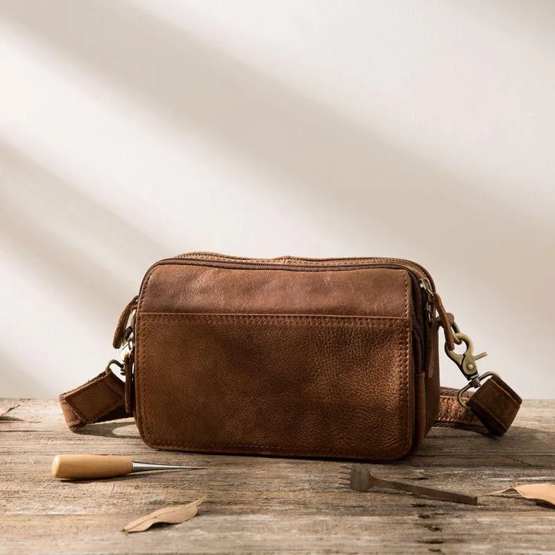 Cool Small Mens Leather Camel Bag Messenger Bags Shoulder Bags  for Men