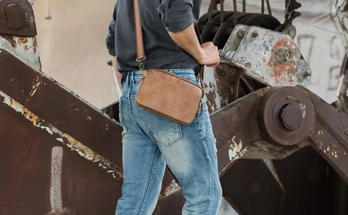 Cool Small Mens Leather Camel Bag Messenger Bags Shoulder Bags  for Men