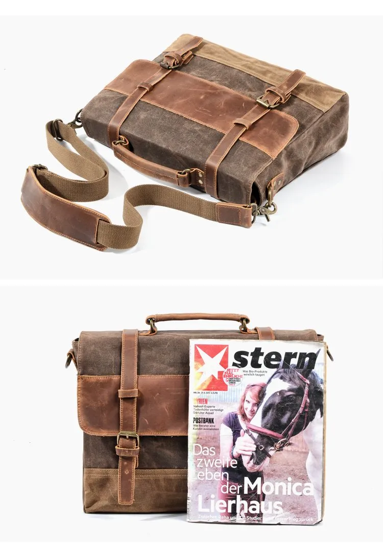 Cool Waxed Canvas Leather Mens 15.6" 15???? Waterproof Travel Side bag Computer Handbag Messenger Bag for Men