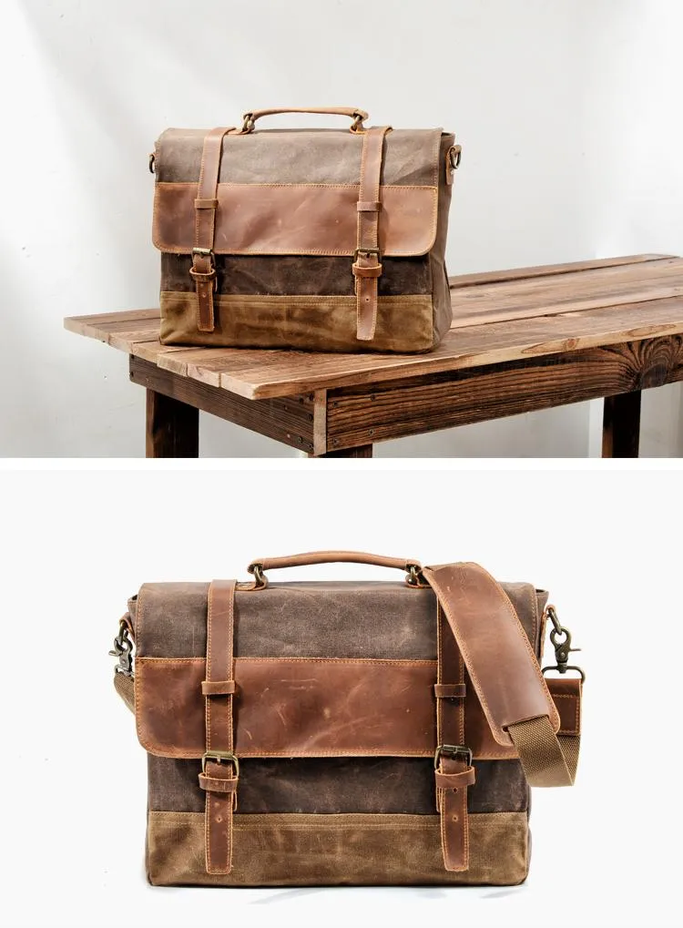 Cool Waxed Canvas Leather Mens 15.6" 15???? Waterproof Travel Side bag Computer Handbag Messenger Bag for Men