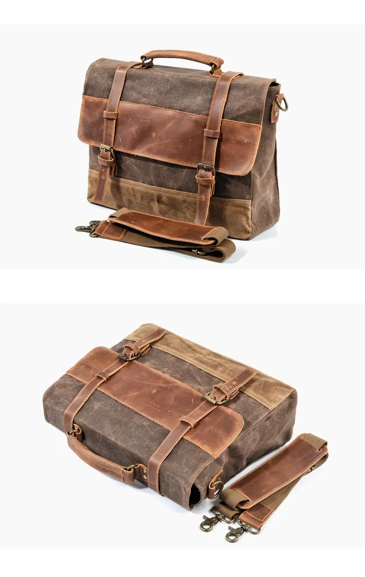 Cool Waxed Canvas Leather Mens 15.6" 15???? Waterproof Travel Side bag Computer Handbag Messenger Bag for Men