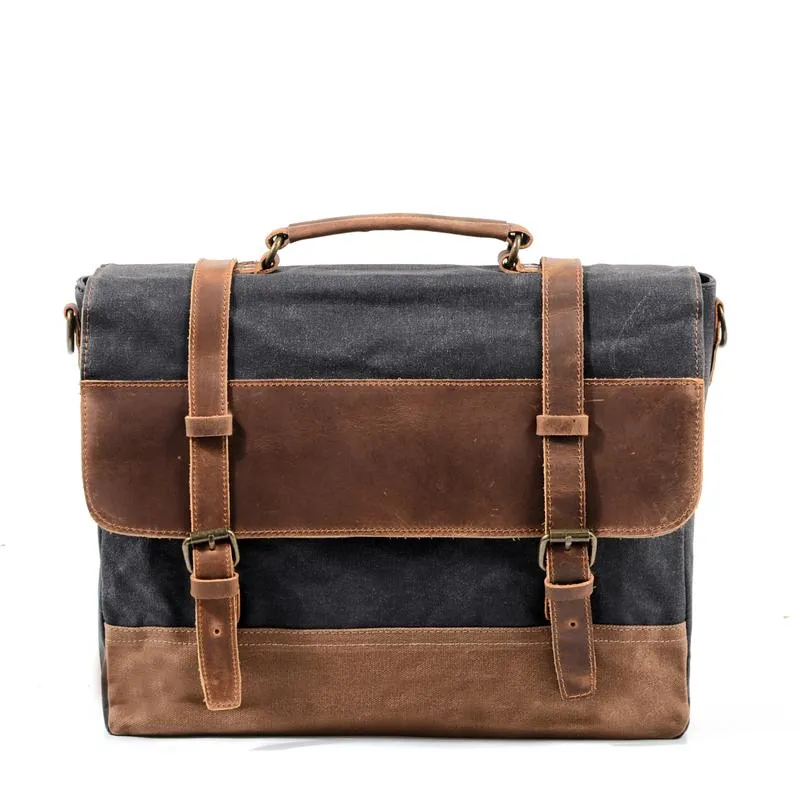 Cool Waxed Canvas Leather Mens 15.6" 15???? Waterproof Travel Side bag Computer Handbag Messenger Bag for Men