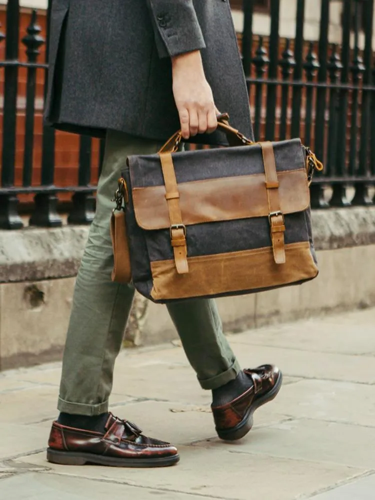Cool Waxed Canvas Leather Mens 15.6" 15???? Waterproof Travel Side bag Computer Handbag Messenger Bag for Men