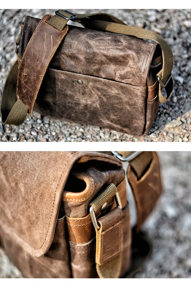 Cool Waxed Canvas Leather Mens Casual Waterproof Messenger Bag Camera Bag Side Bag For Men