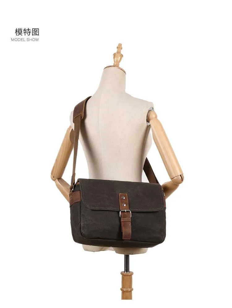 Cool Waxed Canvas Leather Mens Casual Waterproof Messenger Bag Camera Bag Side Bag For Men