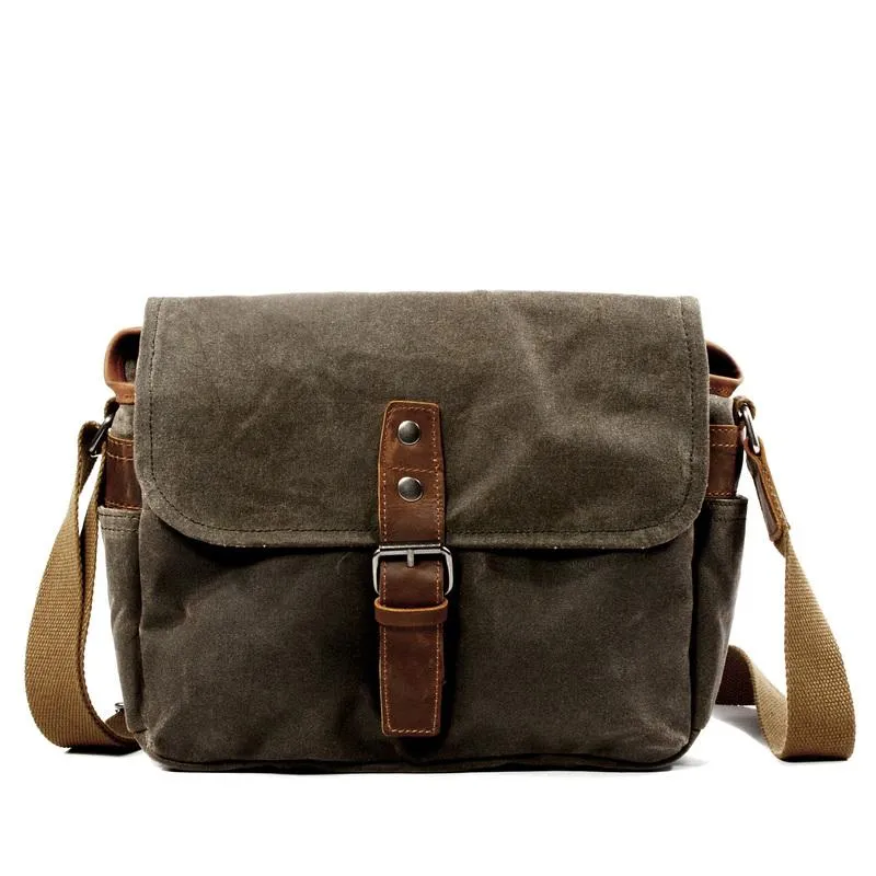 Cool Waxed Canvas Leather Mens Casual Waterproof Messenger Bag Camera Bag Side Bag For Men