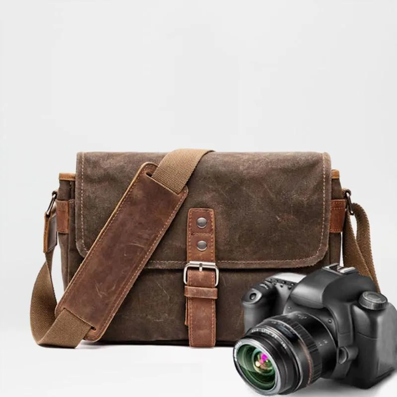 Cool Waxed Canvas Leather Mens Casual Waterproof Messenger Bag Camera Bag Side Bag For Men