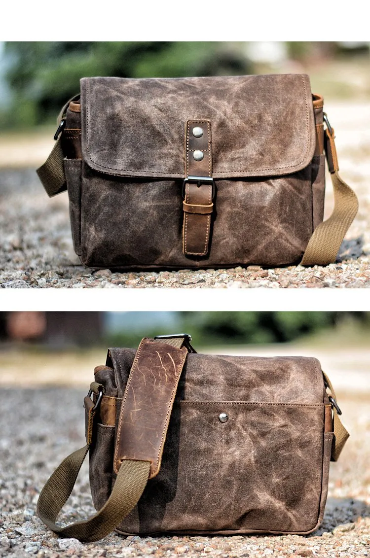 Cool Waxed Canvas Leather Mens Casual Waterproof Messenger Bag Camera Bag Side Bag For Men