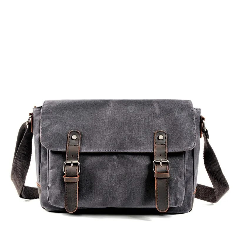 Cool Waxed Canvas Leather Mens Gray Casual Waterproof Side Bag 12'' Messenger Bag For Men