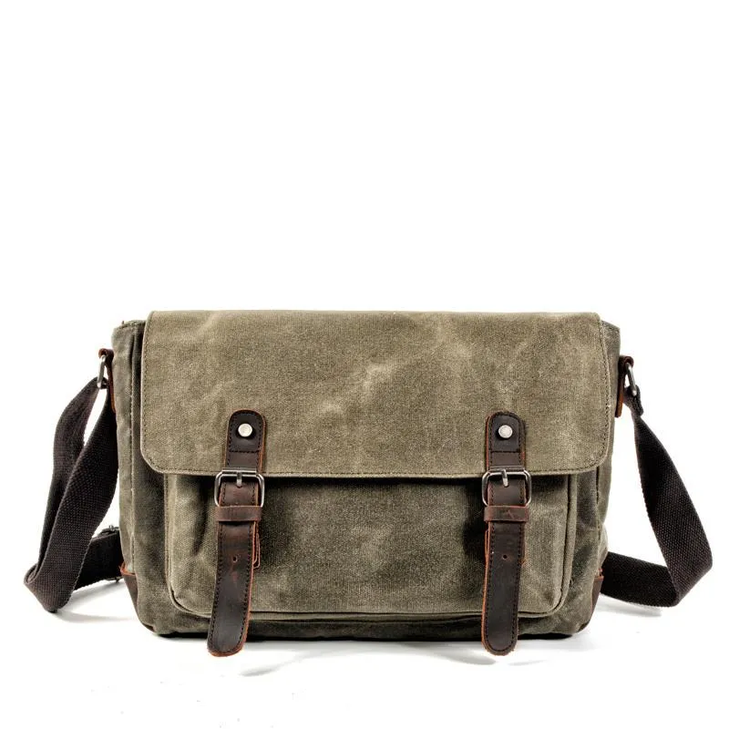 Cool Waxed Canvas Leather Mens Gray Casual Waterproof Side Bag 12'' Messenger Bag For Men