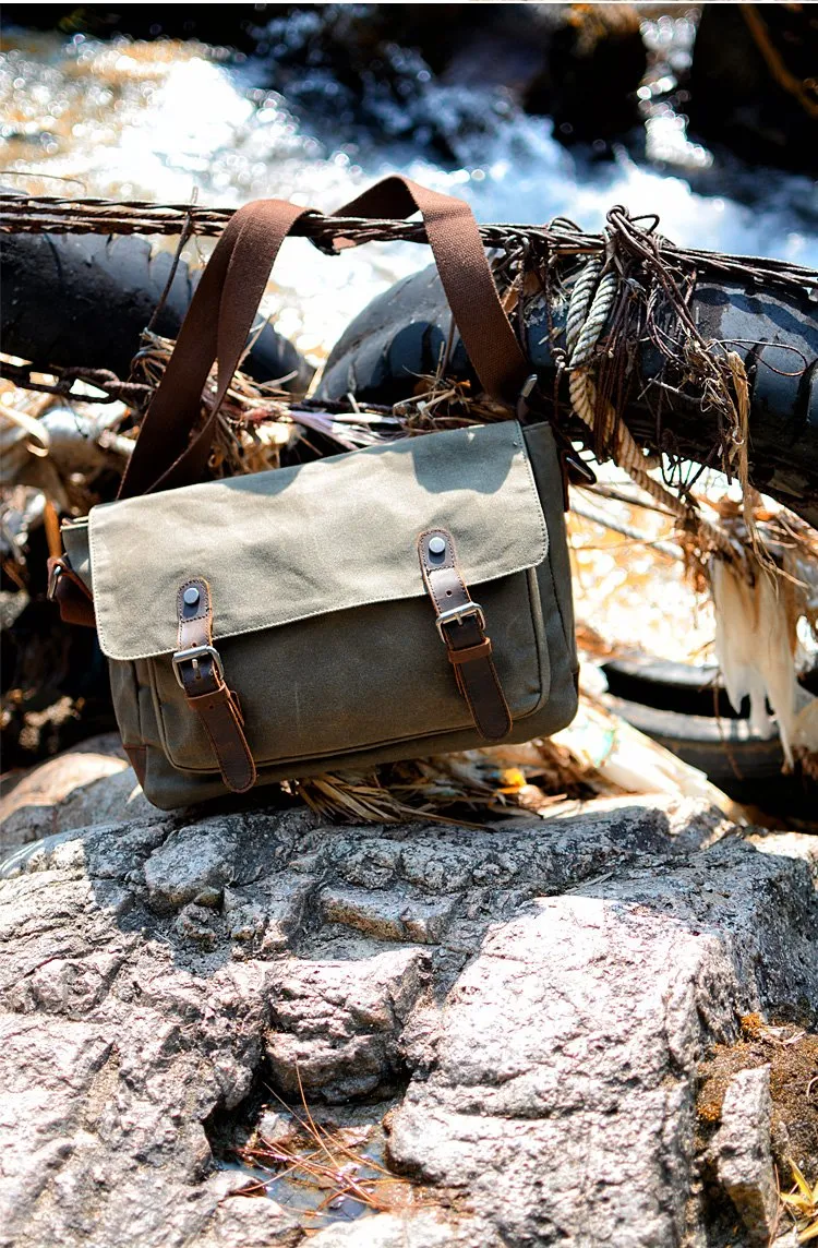 Cool Waxed Canvas Leather Mens Gray Casual Waterproof Side Bag 12'' Messenger Bag For Men